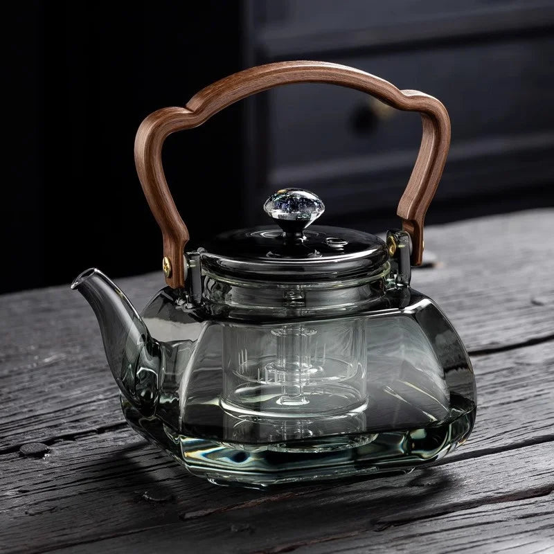 1000ML Octahedral Heat Resistant Glass Teapot Steaming and Boiling Dual-use Lifting Beam Tea Pot Glass Kettle Kung Fu Tea Set