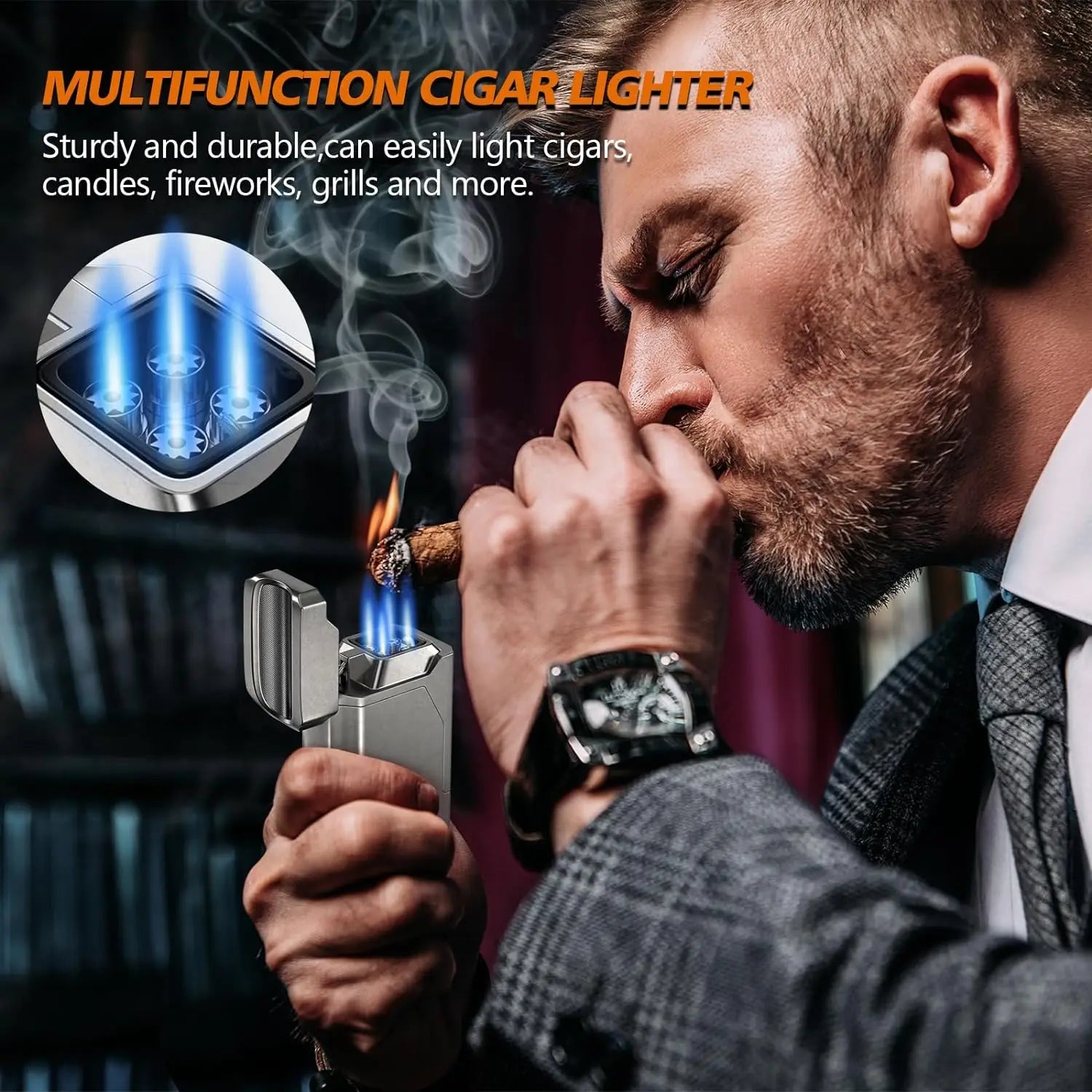 Cigar Lighter 4 Jet Flame,Refillable Butane Lighter with Cigar Cutter V Cut Cigar Punch Cigar Holder Cigar Draw Enhancer