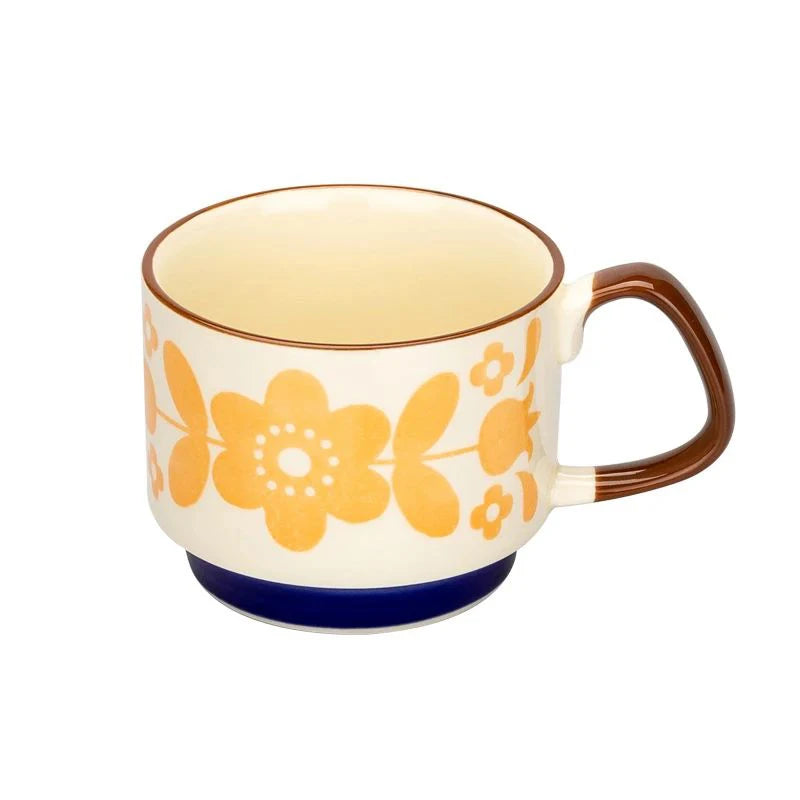 Japanese Flower Coffee Mug Set Retro Ceramic Milk Oats Mug Office Water Handgrip Cup Kitchen Party Drinkware Set 300ml