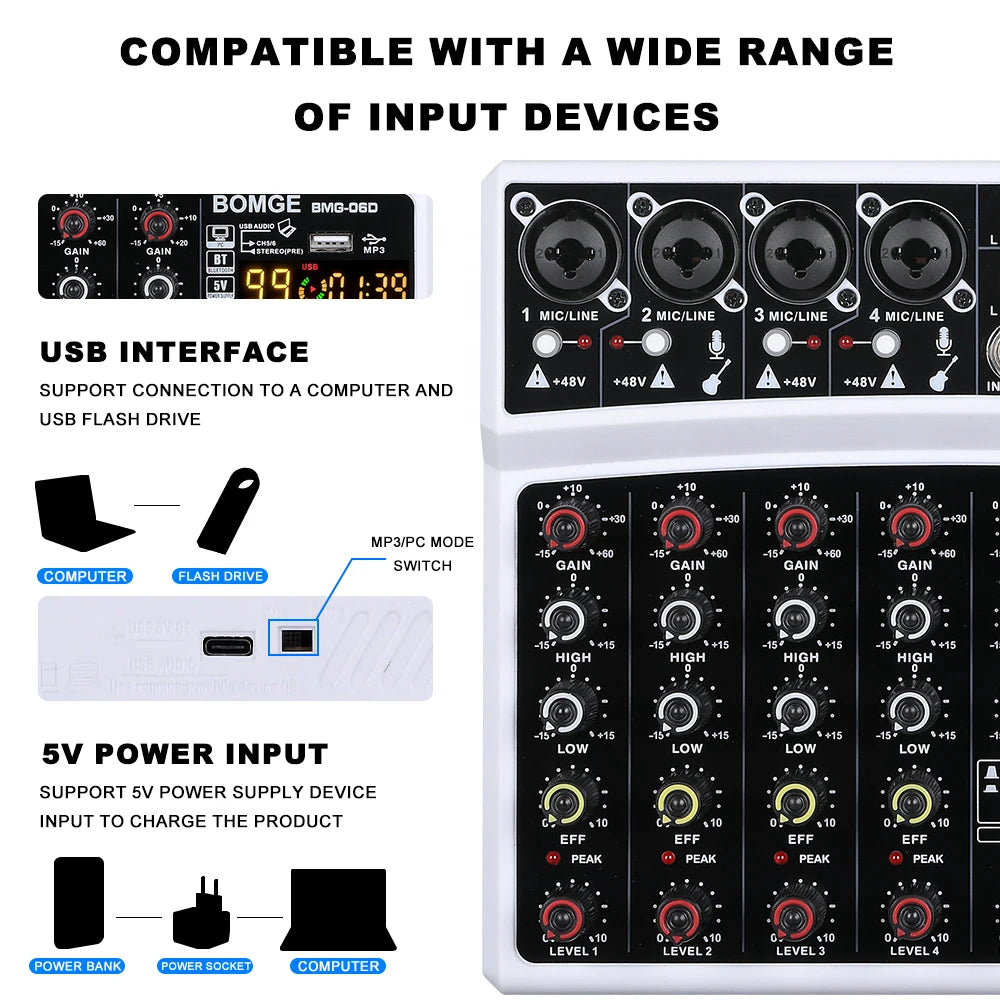 6 Channel Audio Mixer Console with USB Bluetooth 99 DSP Effects and 48V Phantom Power