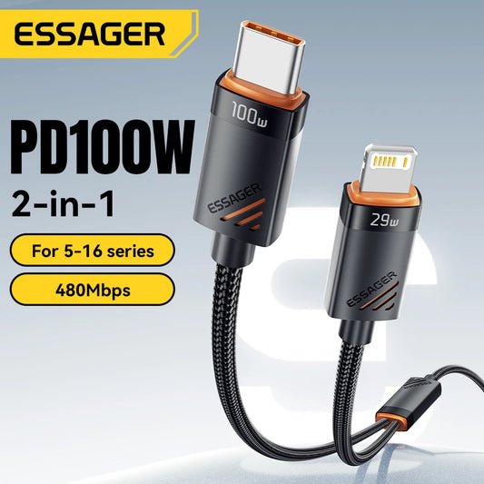 2-in-1 USB-C to USB-C + Lightning PD 100W Fast Charging Cable
