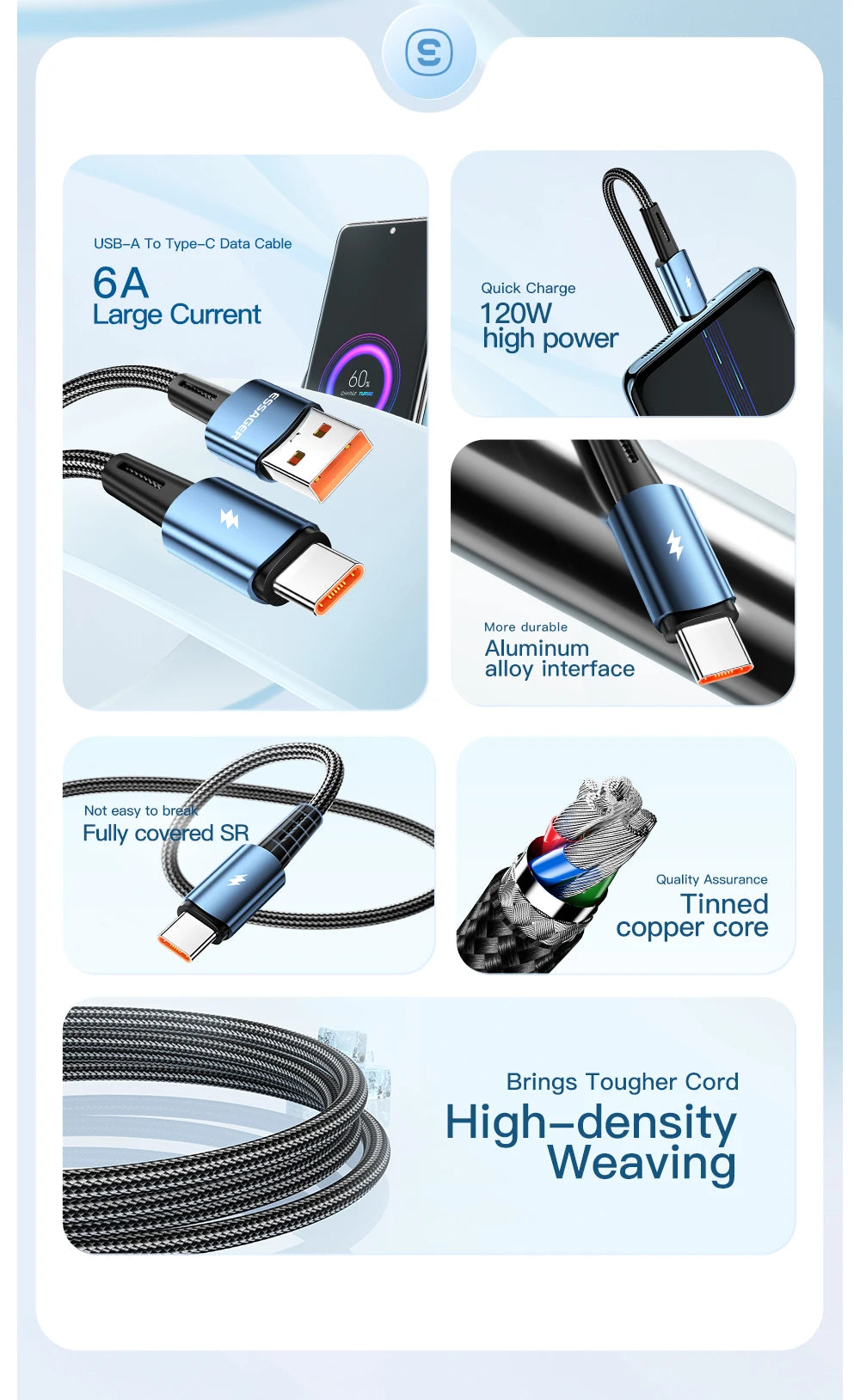 120W USB-A to Type-C Super Fast Charging Cable (6A)