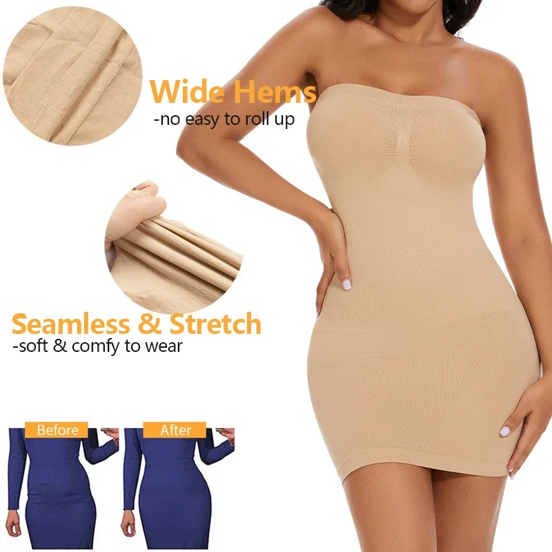 Full Slip Shapewear Women Dress Off Shoulder Bodycon Strapless Underdress Smooth Compression Body Shaper Slimming Waist