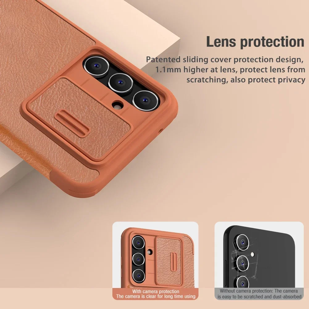 Luxury Flip QIN Pro Leather Case For Samsung Galaxy S23 FE Shockproof Camera Slider Protection Cover With Card Holder