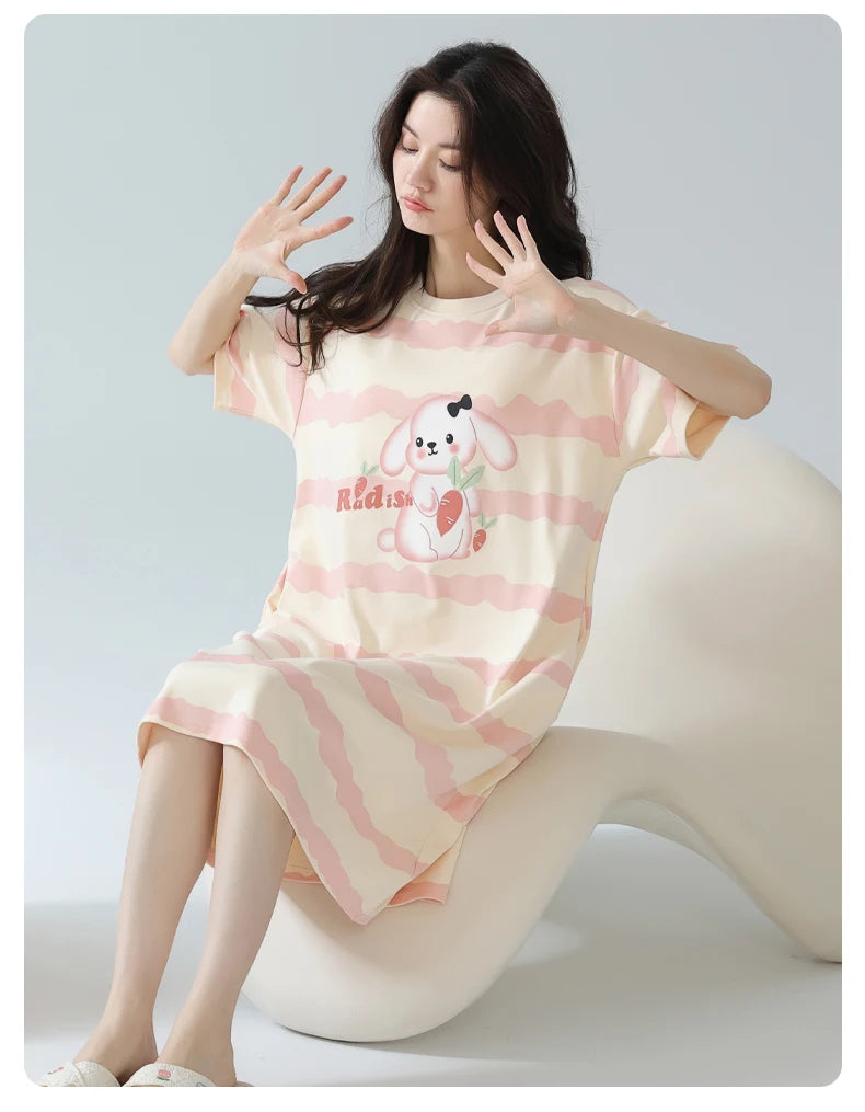 Women’s Cotton Nightgown – Korean Style Cute Print, Summer Short Sleeve Sleepwear Dress