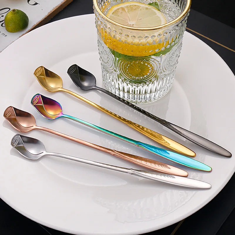 Stainless Steel Rose Coffee Spoon, Long Handle Mixing Spoon, Flower Design, Perfect for Tea, Dessert, Honey, Kitchen Accessories