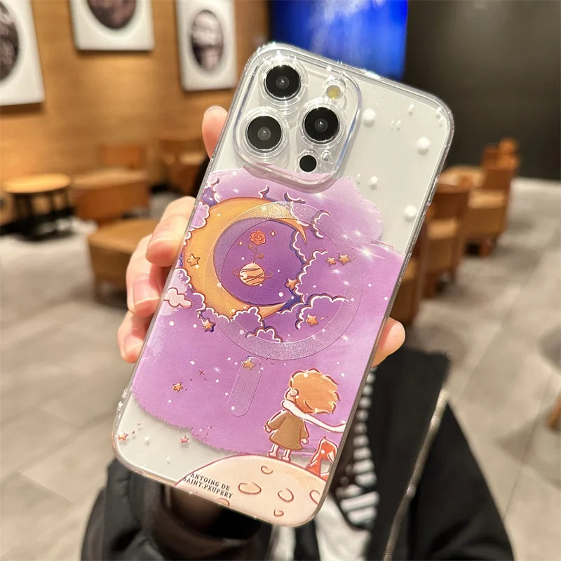 Cartoon Transparent MagSafe  Prince Case for iPhone 16 14 15 Pro Max 15 Plus Wireless Charging Protective Cover