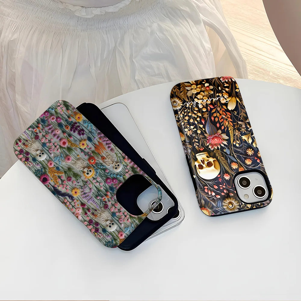 Fashion Embroidery Effect Skull Skeleton Phone Case For iPhone 16 15 Pro Max 16 Plus 2 in 1 Hard Protection Cover Funda