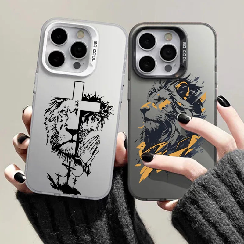 Cross Pattern Bicolor Lion Phone Case For iPhone 14 15 16 Pro Max Shockproof Anti Fall Back Cover