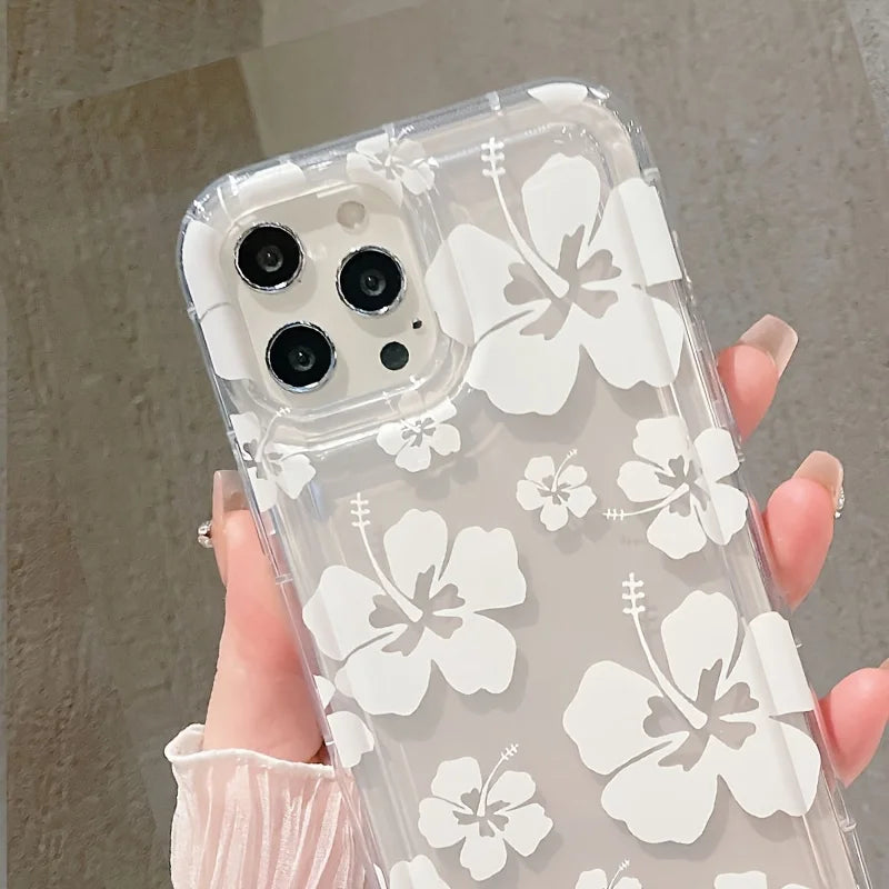 White Flower Clear Phone Case For iPhone 17 16 14 15 Pro Max 16E Air Airbag Shockproof Phone Cover