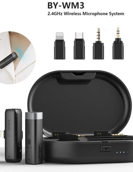 BY-WM3 Wireless Lavalier Lapel Microphone for iPhone Android DSLR Camera Laptop Computer Gaming Youtube Recording Streaming