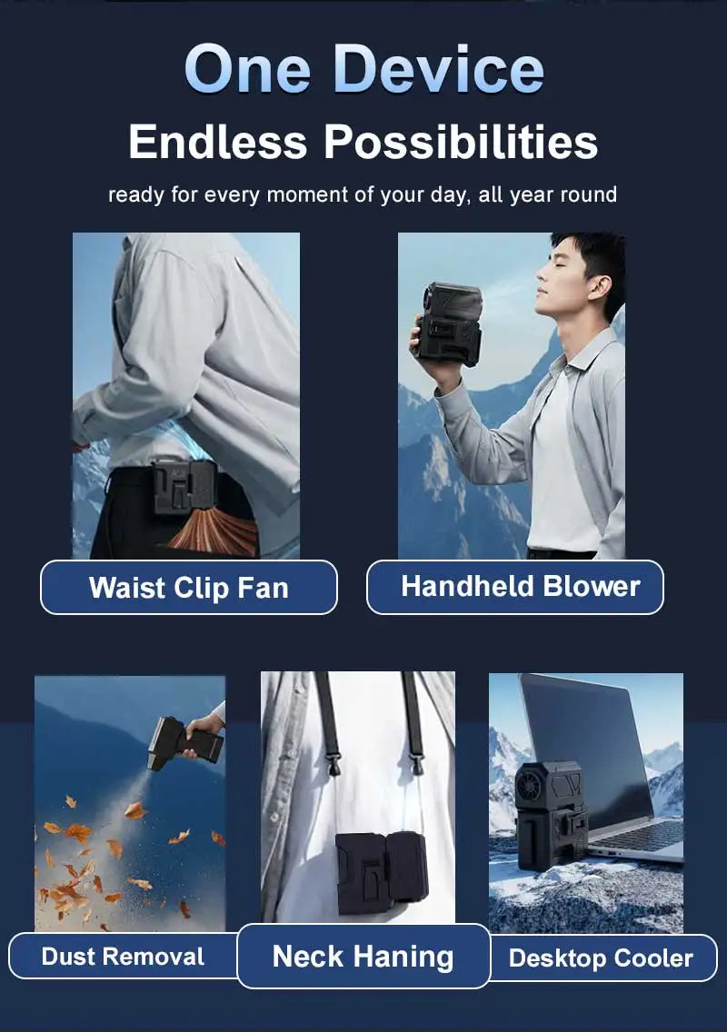 2-in-1Waist Fan&Powerful Turbo Air Blower Cordless Vacuum Cleaner Air Duster Brushless Motor LED Digital Display Car PC Cleaning