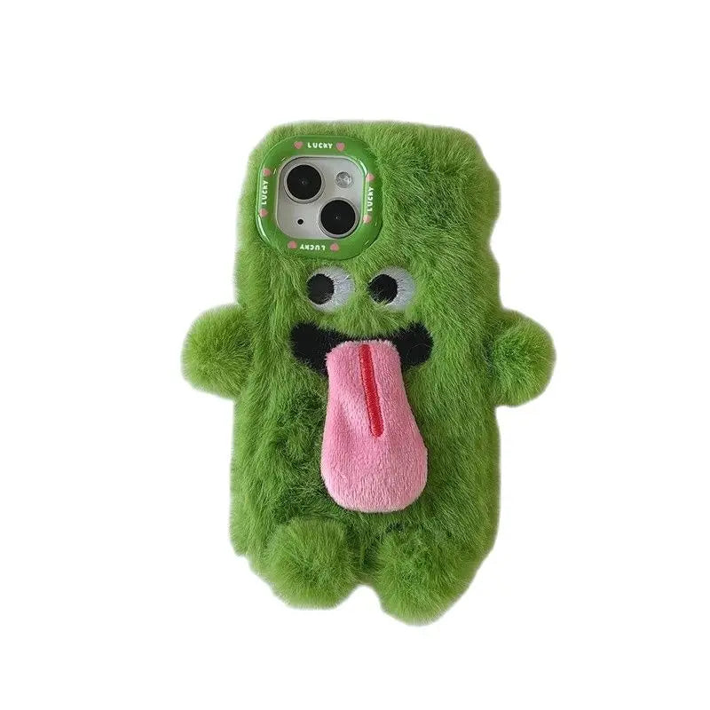 INS Couple Fur Monster Kiss Tongue Case For iPhone 16 15 14 13 Pro Max Korea Cute Cartoon Gift Anti-Drop Soft Back Cover
