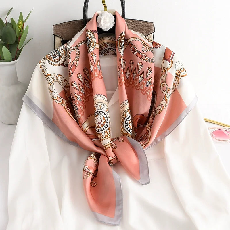 Women Scarf Silk Feeling Hair Neck Square Brand Office bandanna muffler Waiter Flight Attendants Handkerchief Rings wrap