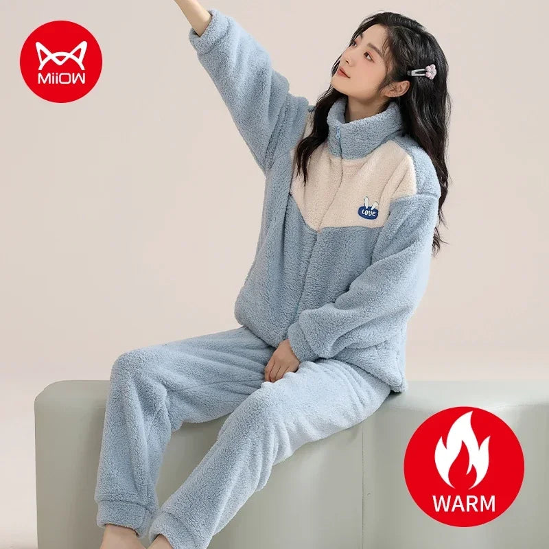 Women’s Winter Flannel Pajama Set – Thick, Soft Coral Fleece with Zipper & Oversized Fit