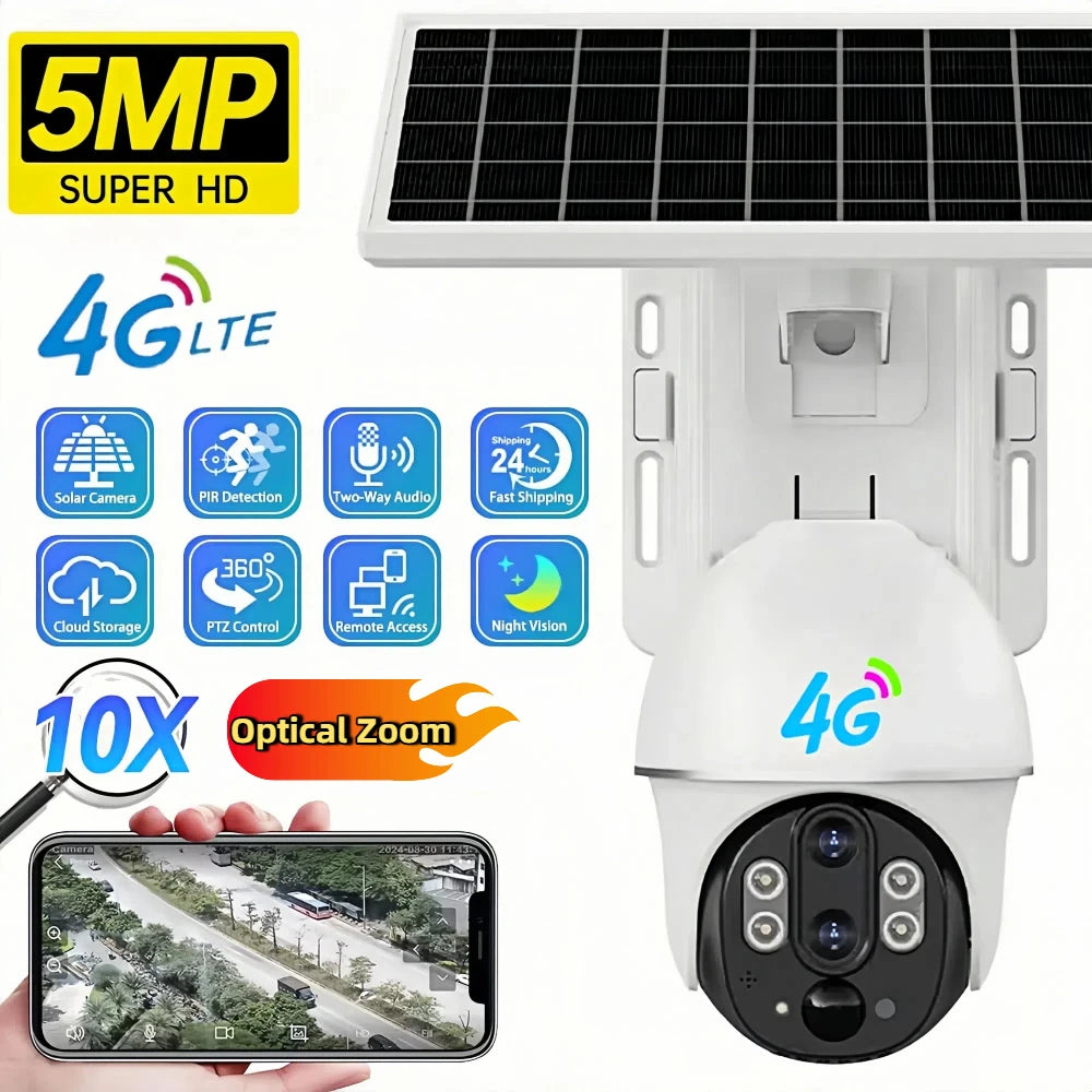 Outdoor Solar 4G Camera 10X Optical Zoom Night Vision Battery CCTV Monitor PIR Human Detection Waterproof Security Video Camera