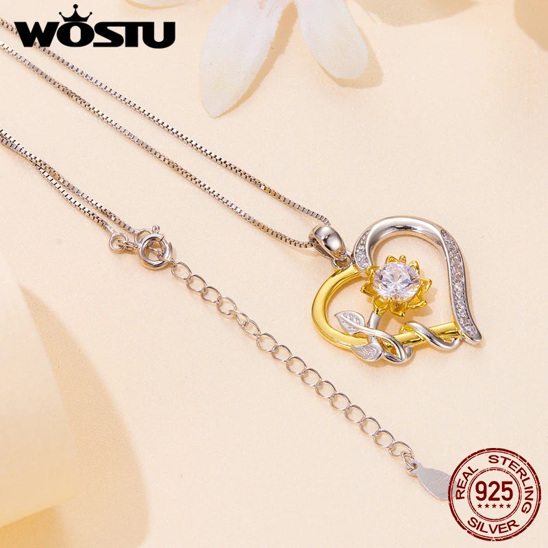 1.0 CT D Moissanite Heart Shape Sunflower Charm Necklace for Women Double Color Yellow Gold 925 Silver Links