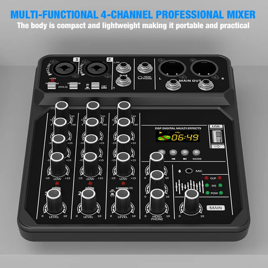 4 Channel Audio Mixer With Bluetooth USB And 48V Phantom Power For Recording