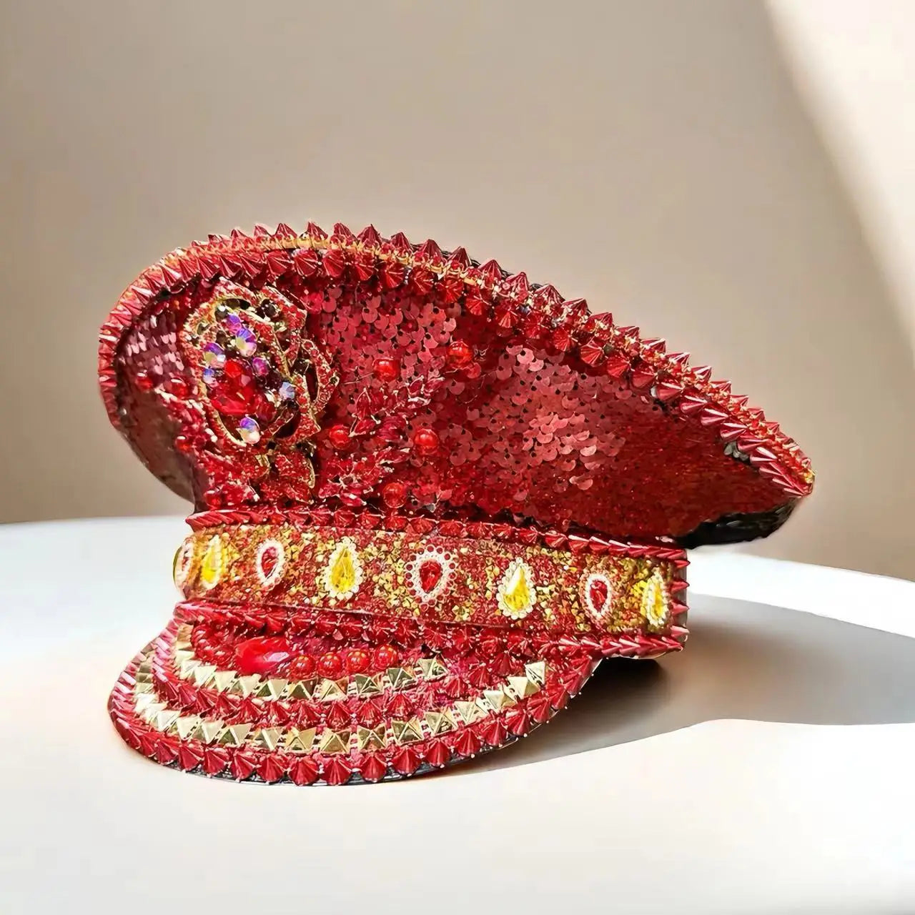 Red Rose Bling Captain Hat Rhinestone for Woman Steampunk Military Cap for Men Burning Man Music Festivals Accessories