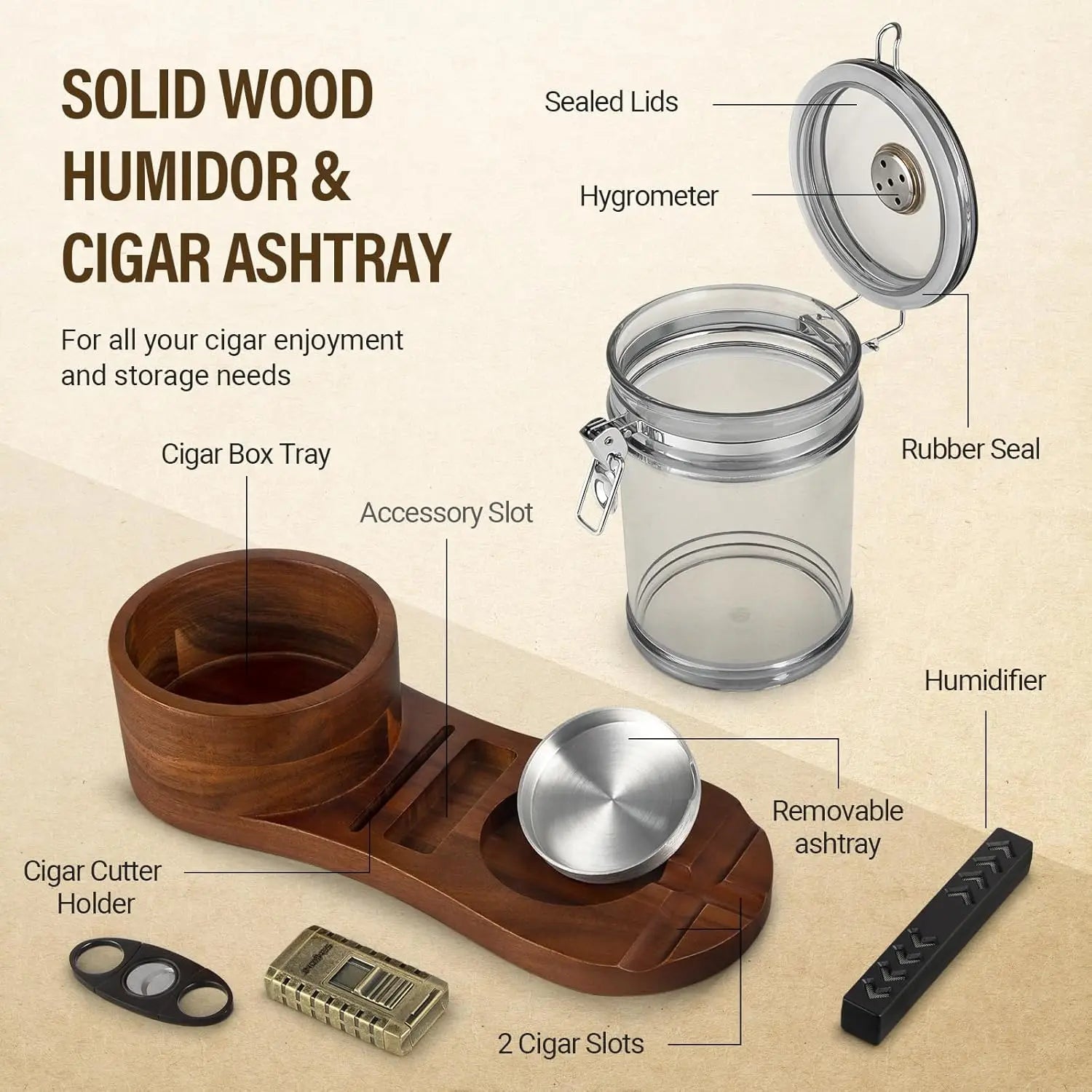 Cigar Humidor, Solid Wood Cigar Ashtray & Acrylic Cigar Jar Kit with Cigar Cutter, Humidifier and Dropper, Holds 18-20 Cigars