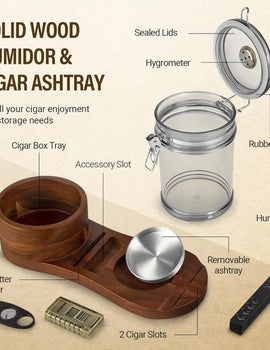 Cigar Humidor, Solid Wood Cigar Ashtray & Acrylic Cigar Jar Kit with Cigar Cutter, Humidifier and Dropper, Holds 18-20 Cigars