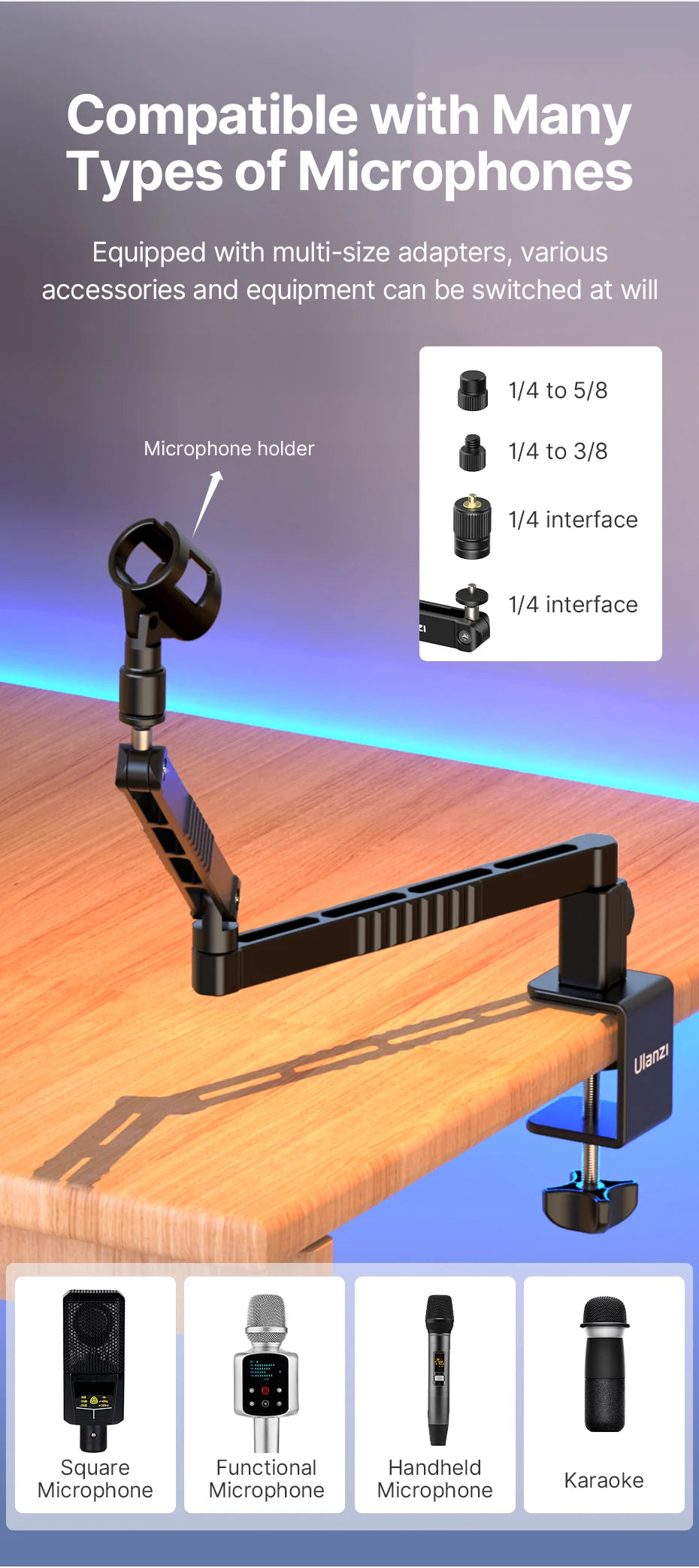 Low Profile Microphone Arm with Cable Channels Desk Clamp 360° Rotatable Foldable for Streaming Recording