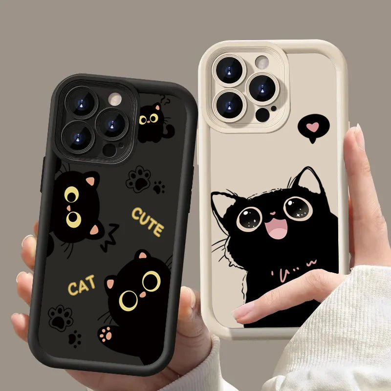 Lovely Black Cat Silicone Case For iPhone 17 16 15 14 Pro Max 16E 16 Plus 17Air Shockproof Back Covers