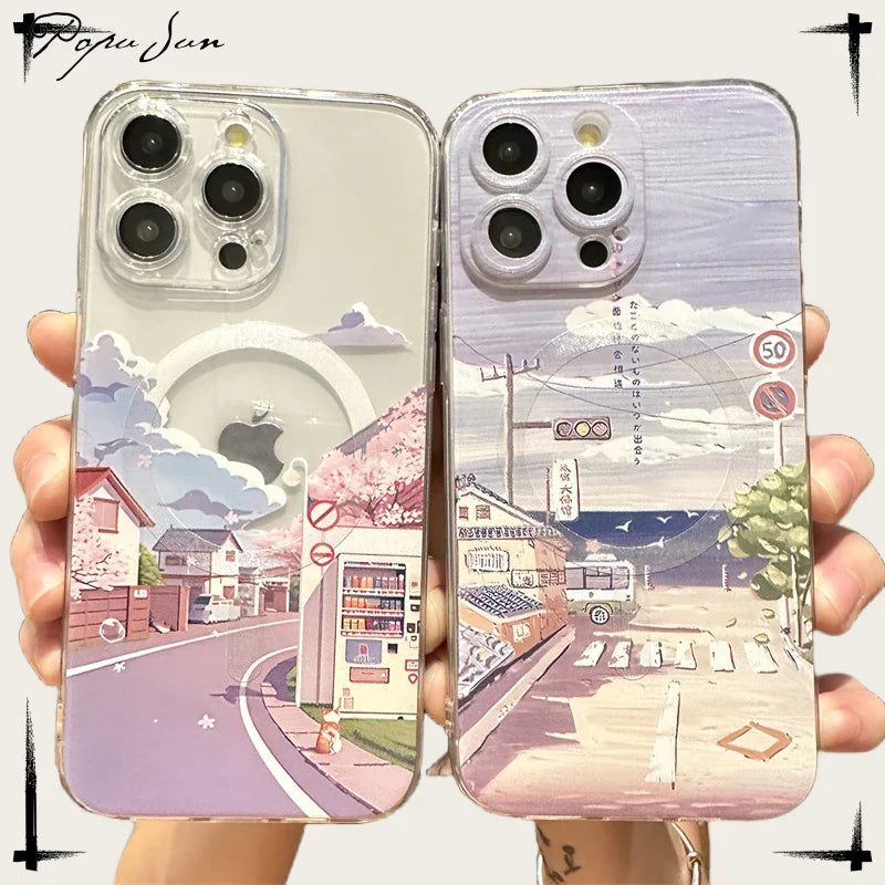 Hand Painted Anime Tram  Case for iPhone 16 15 14 Plus Magsafe Wireless Charge Cover