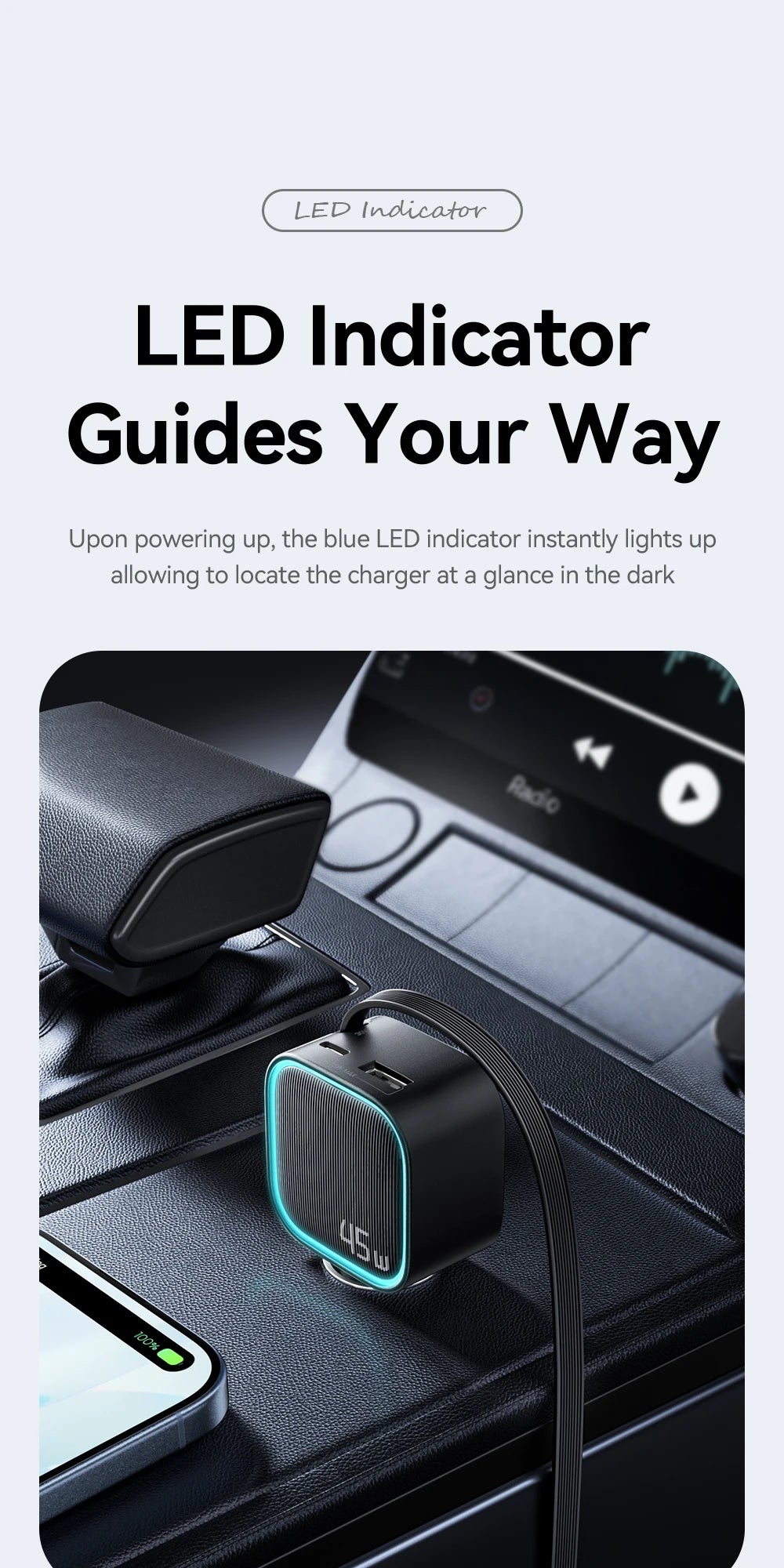 45W Car Charger with 75CM Retractable Cable PD Fast Charging USB C & USB A 3 Port Adapter