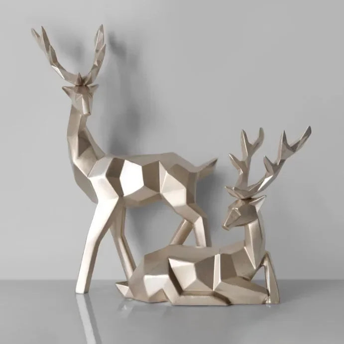 A Couple of 2Pcs Deer Statue Modern Geometric Sculpture Desktop Ornament Figurine Wine Cabinet Cafe TV Showcase Decor