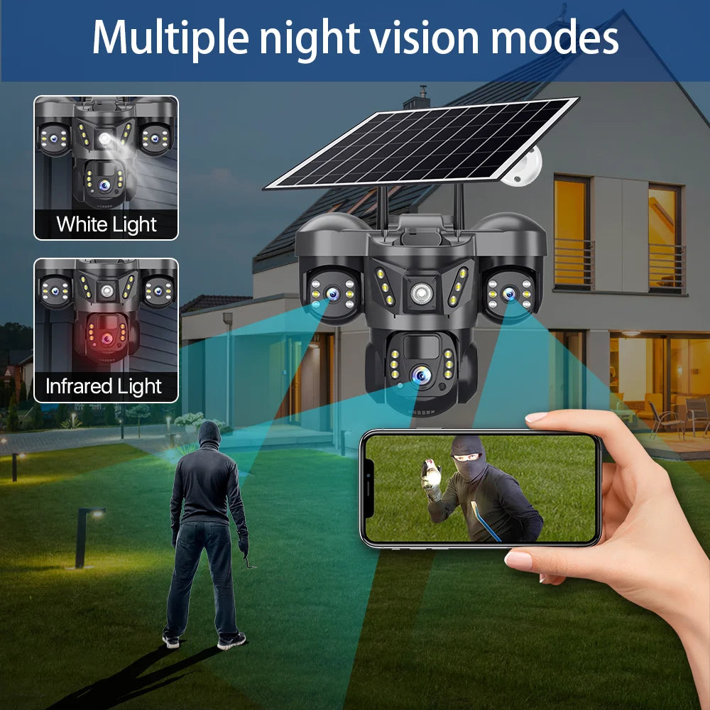 Solar Camera 4G Sim Card 15MP Outdoor 3 Lens 3 Screen PIR Human Detect Network IP Cameras Night Vision CCTV Security Protection