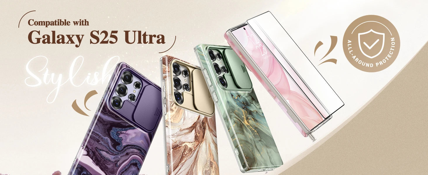 for Samsung Galaxy S25 Ultra Case with Slide Camera Cover Screen Protector Shockproof Drop Protection Marble Phone Cover