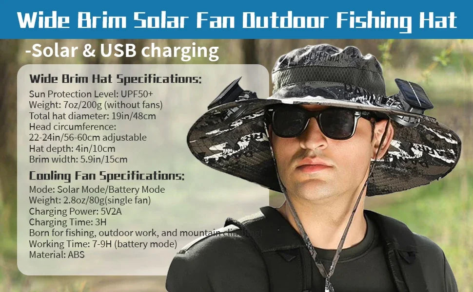 Wide Brim Solar Fan Hat With Dual Fans