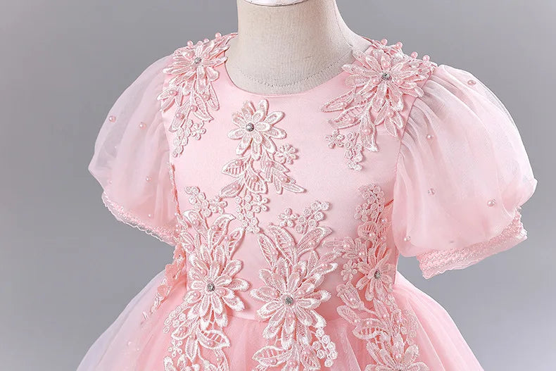Girls Princess Ball Gown - Fluffy Tulle Party Dress for Flower Girl/Birthday/Pageant | Sparkly Puffy Sleeve Wedding Dress