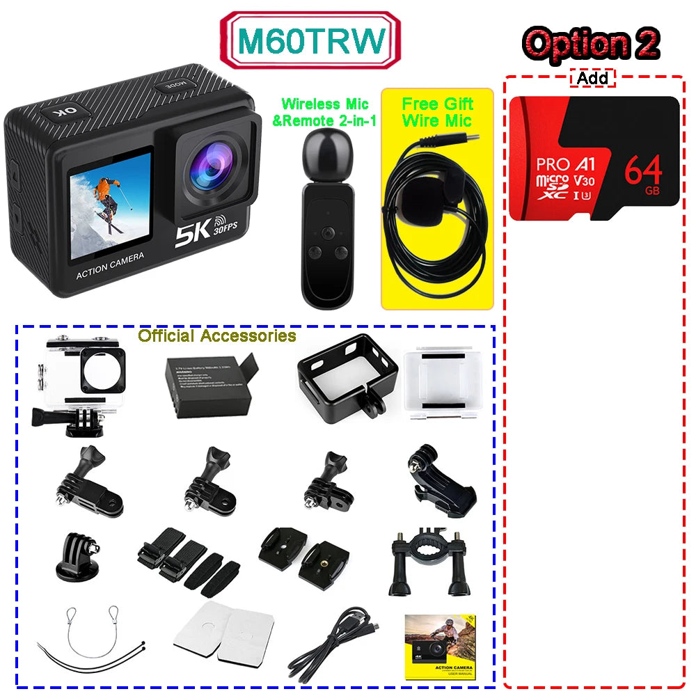 5K 4K60FPS Action Camera 50MP Dual Screen Touch Display WiFi EIS Waterproof Sports Camera with Wireless Microphone Support