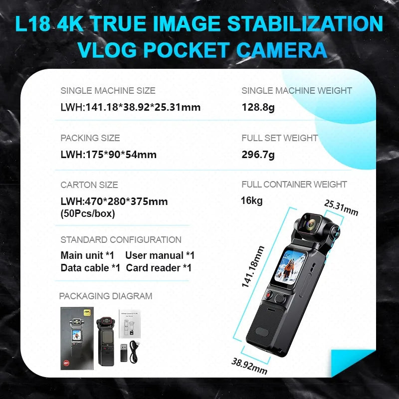 4K Pocket Action Camera with 4X Zoom Touch Screen Anti-Shake Waterproof Vlogging Sports Video Recorder
