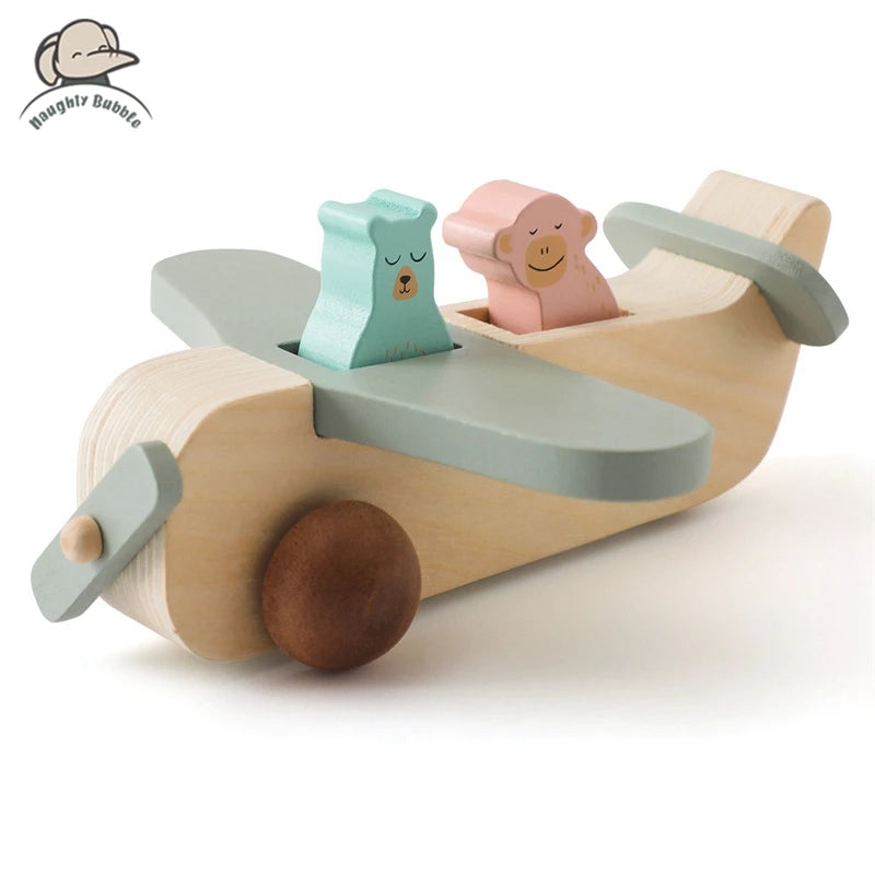 Wooden Pushplane With Animal Toys Detachable Model Montessori Toys Hand-brain Coordination Exercise Plaything Baby Handmade Gift