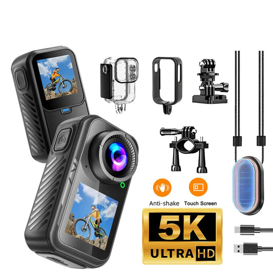 5K Thumb Action Camera 4K 60FPS WiFi Waterproof Sports Body Cam with 6-Axis Stabilization Touch Screen for Motorcycle Bike
