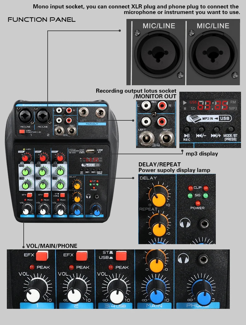 4 Channel DJ Audio Mixer With Bluetooth USB And 48V Phantom Power