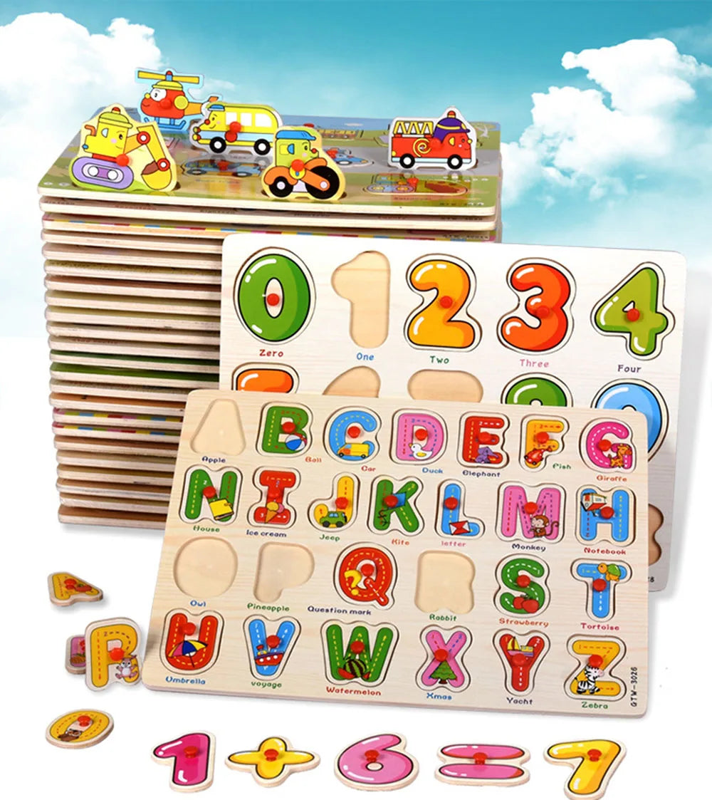 Montessori Wooden Puzzles Hand Grab Boards Toys Tangram Jigsaw  Educational Toys Cartoon Vehicle Animals Fruits 3D Puzzles