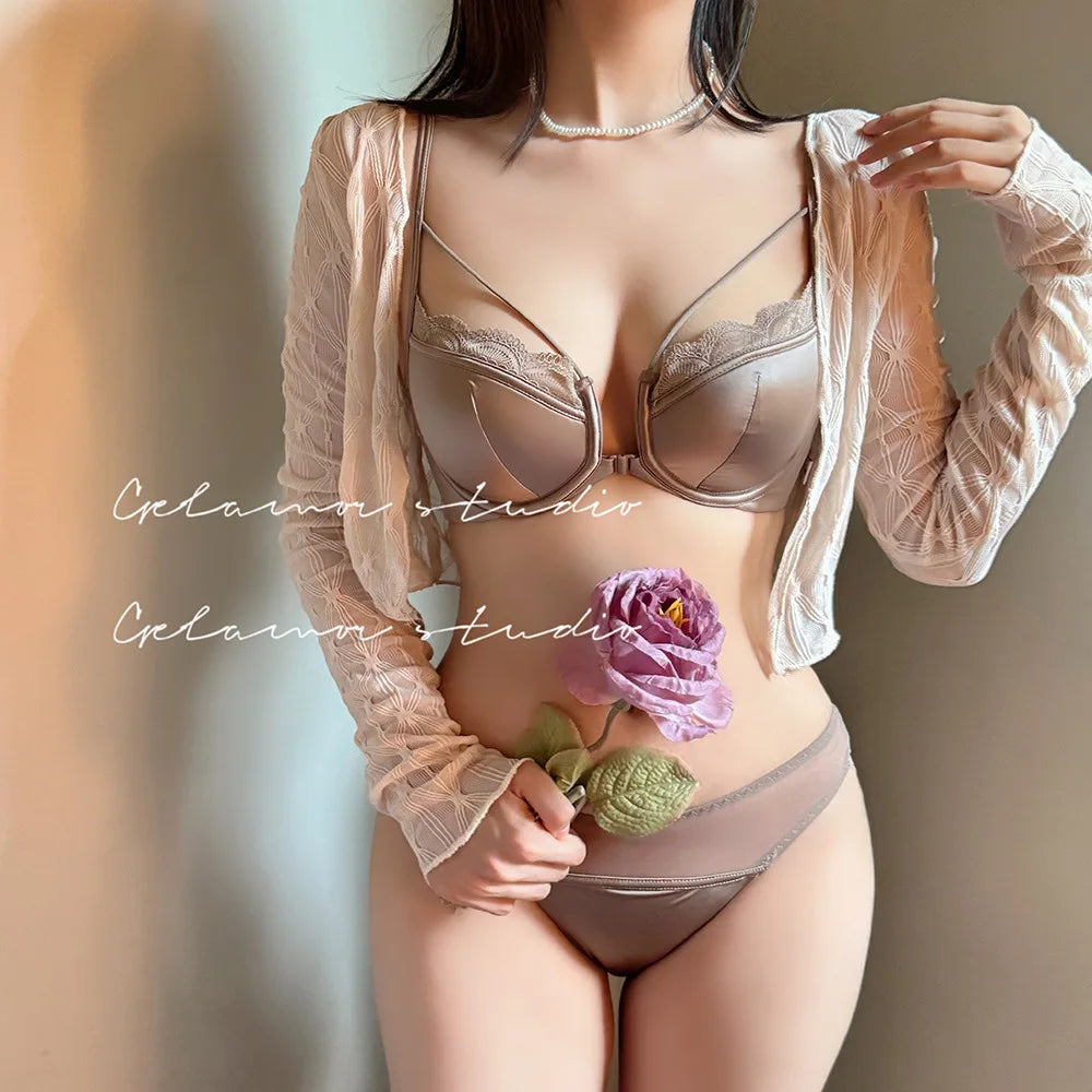 Womens French Lace Front Closure Push Up Bra and Brief Set