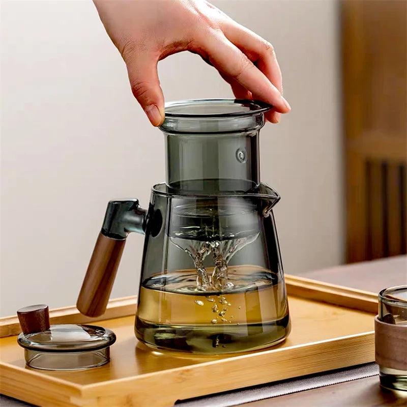 600ml Walnut Wooden Handle Glass Teapot with Tea Water Separation Filter