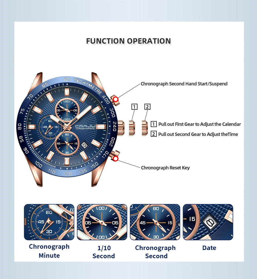 Men Watch Fashion Sports Chronograph Wristwatches Stainless Steel Strap with Auto Date