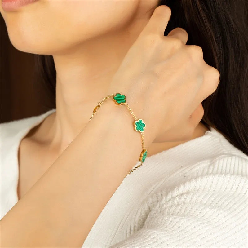 Green Leaf Flower Charm Bracelets for Women Gold Color Stainless Steel Clover Bracelet