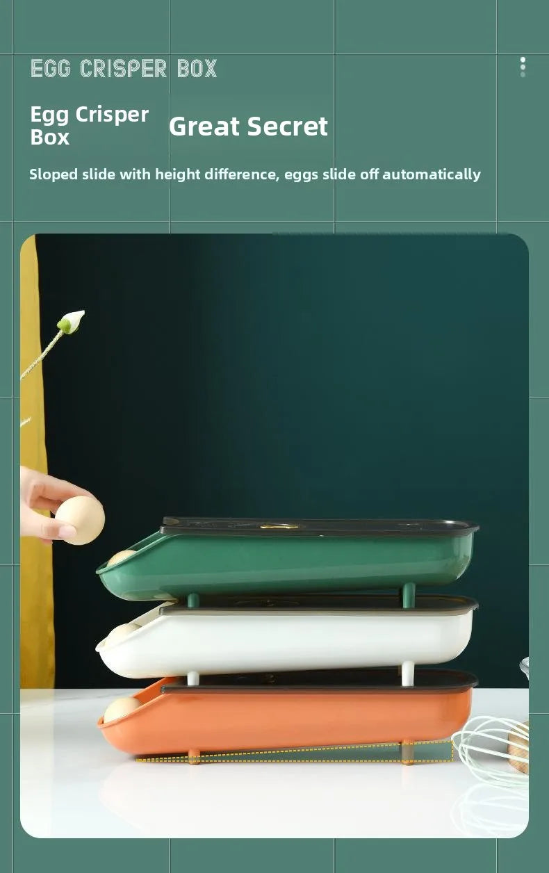 Refrigerator Egg Tray with Stable Timer & Cover – Automatic Egg Storage Box Home Food Organizer