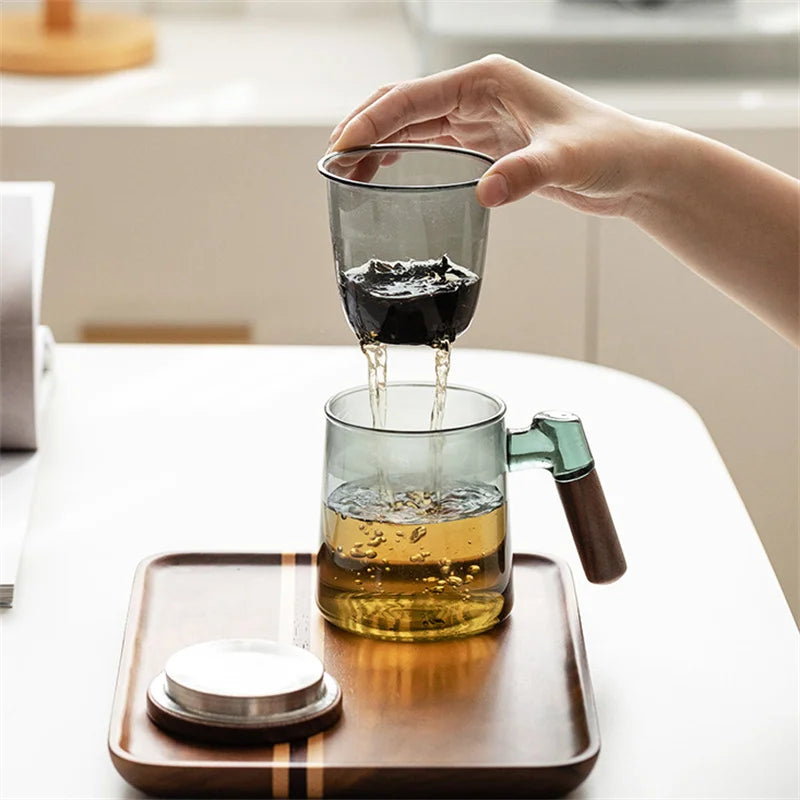 400ml Walnut Wooden Handle Lid Filter Glass Tea Cup Tea Water Separation Scented Tea Cup Office Flower Tea Separation Tea Mug