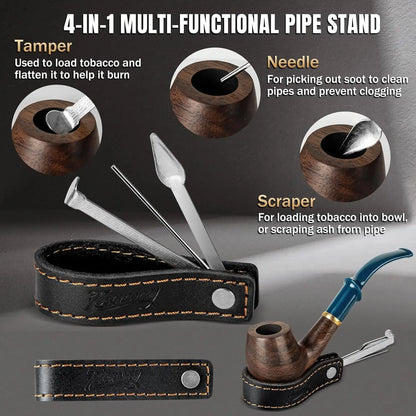 Wood Pipe Set with PU Leather Travel Pipe Pouch, Replaceable Pipe Stem, Pipe Filters and Pipe Accessories