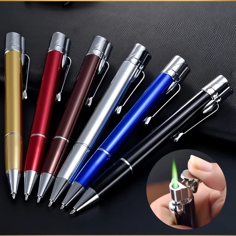 Creative Ball Pen Ligher Green Flame Torch Lighter Unusual Pen Portable Metal Butane Gas Cigarette Lighter Practical Gadget Gift