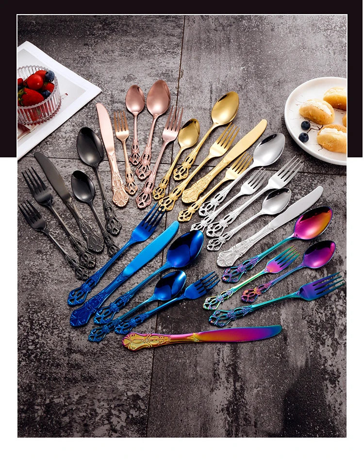 4pcs Gold Stainless Steel Cutlery Set Royal European Spoon Fork and Steak Knife Retro Hollow Design Dinnerware Luxury Tableware