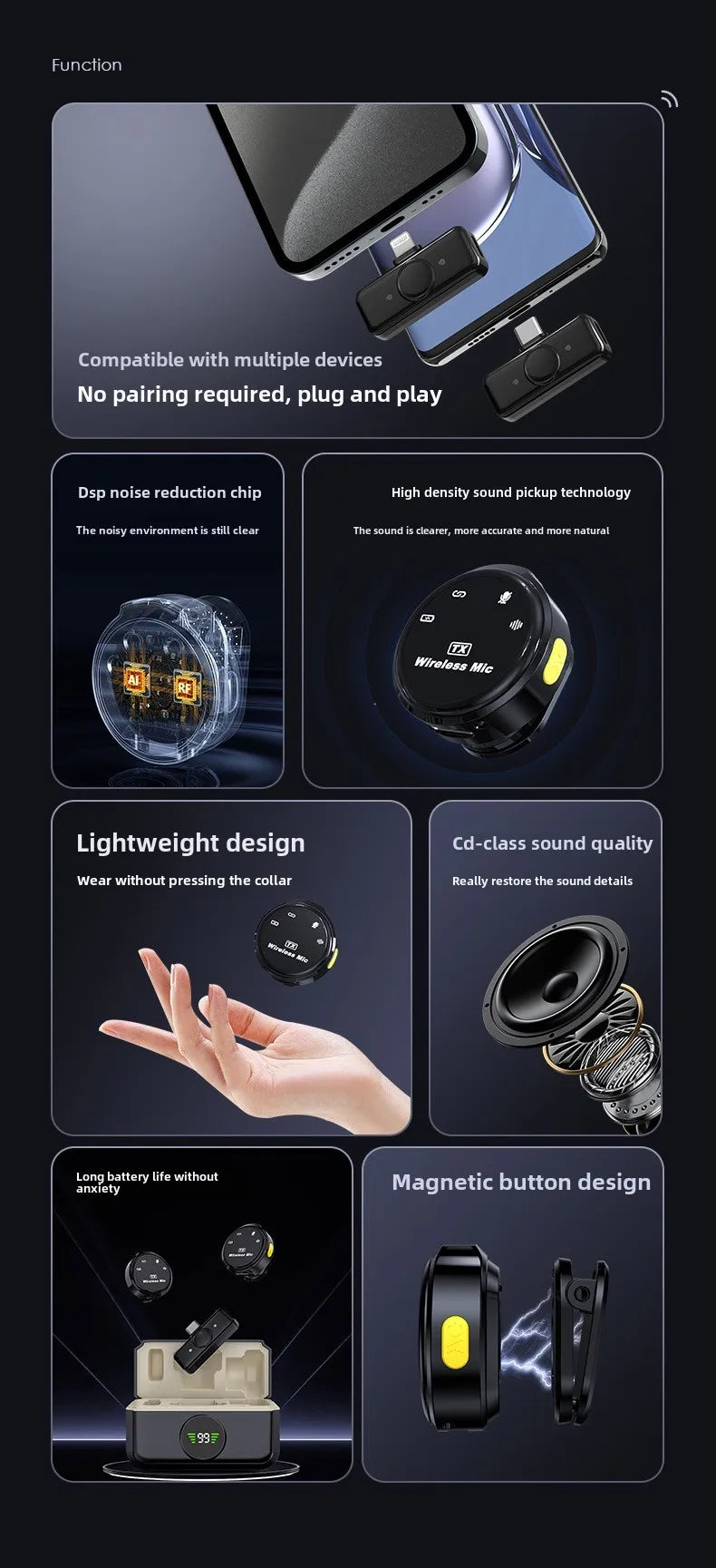 wireless lavalier microphone portable microphone suitable for iPhone, Android, mobile live streaming, game recording